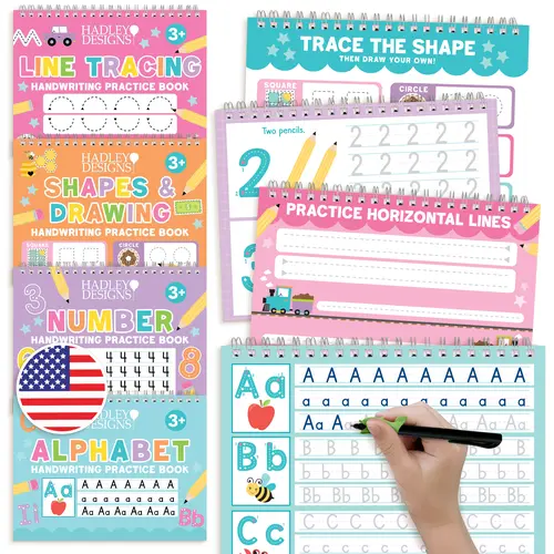 Hadley Designs Grooved Handwriting Notebook - Reusable Magic Ink Letter & Number Tracing for Kids 3-7, Preschool Writing Practice Kit