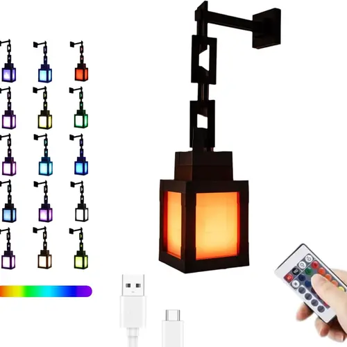 DIY Pixel Lantern Night Light, 16-Color RGB USB-C Rechargeable with Remote Control & 4 Modes, Lanterns for Gamer Bedroom Ambient Mood Decorative Colorful Lighting, Unique Birthday Gift, Ambient Lighting