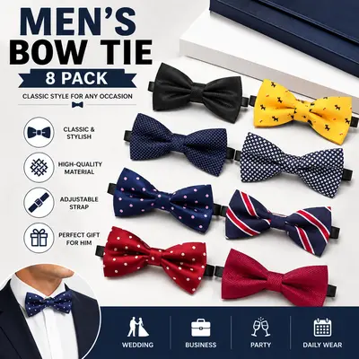 Men & Boys' 8-Pack High-Quality Material Pre-Tied Bow Ties - Adjustable Fashion Neckties Set for Weddings, Formal Events