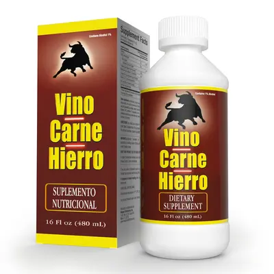 VINO CARNE HIERRO Edible Iron Dietary Supplement - B12-Infused, Iron (as ferric ammonium citrate), Pyridoxine HCl, Essential Minerals, Energy Focus Supplement, Fatigue Support, Oxygen Transport, Sugar Cane, Caramel Color, Ethyl Alcohol, 16 Fl Oz