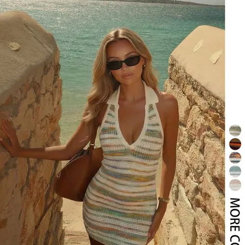 Elegant Chic Striped Beach Vacation Dress, Sexy Knit Bodycon Sweater Dress, Spring Summer Versatile Women's Fashion