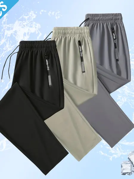 Men's 3-Pack Lightweight Ice Silk Plain Simple Menswear Clothes, Casual Athletic Pants with Drawstring Waistband, Zipper Pockets, Skin-Friendly Comfort, Ideal for Warm Weather, Everyday Wear,sohochic