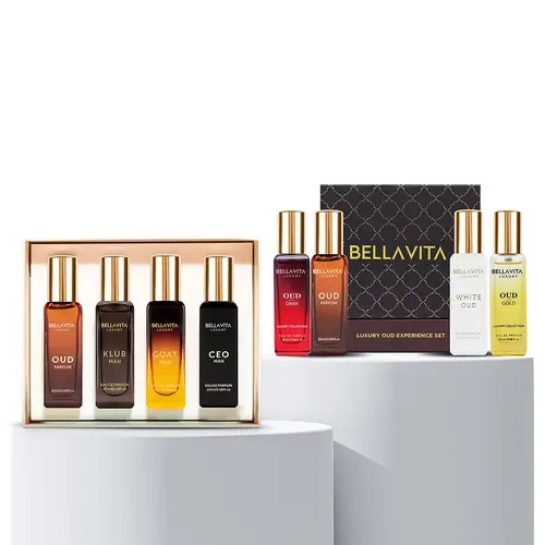 BellaVita Luxury Men’s Oud Signature Perfume Bundle | 2 Premium Gift Sets with 8 Long-Lasting Eau De Parfum Minis | Oud, Oud Gold, Oud Dark, White Oud, CEO Man, Klub Man & G.O.A.T | Portable Perfume Kits