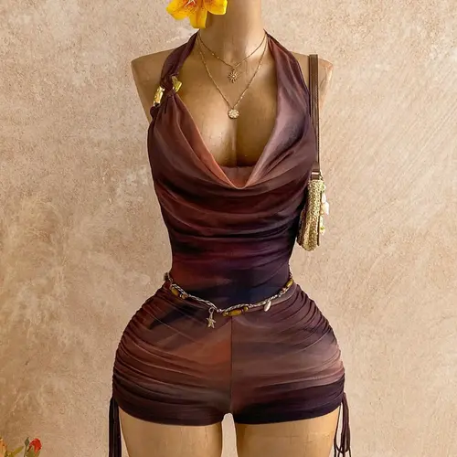 Women's Vintage Aesthetic Gradient Print Mesh Metal Decor Ruched Deep V Romper for Party, Holiday, Music Festival