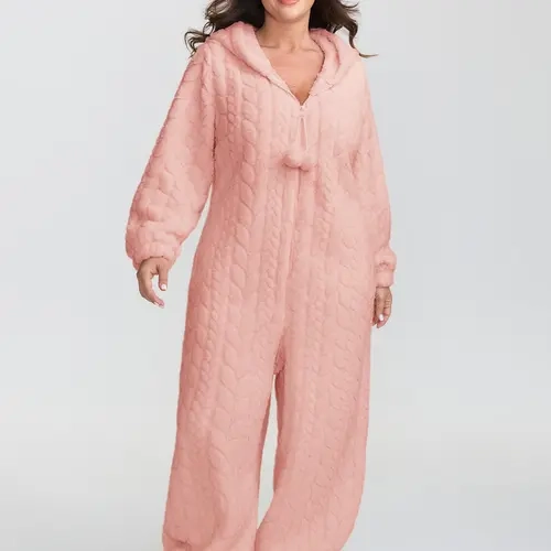 BloomChic Women's Plus Size Hooded Long Sleeve Fleece Onesie (M-6X) - Half-Zip Cozy Loungewear, Soft Warm Pajama Romper for Winter Lounging, Garment, Fit, Plussize, Baggy, Basic, Nightwear, Polyester,clothes for back to school,first day of school outfits，
