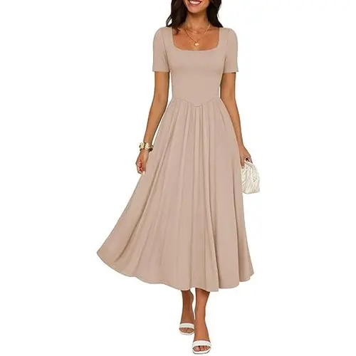 ZESICA Summer Wedding Guest Dresses for Women 2026 Elegant Classy Square Neck Short Sleeve Cocktail Party Midi Dress