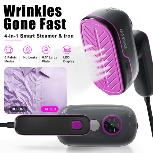 GREENYEE 2026 Handheld Garment Steam Machine 2-in-1 Iron with Handheld Grip, Fast Heating, No-Leak Design, 6 Fabric Modes, 6.5in Large Plate, LED Display, 150ml Tank, Dry Steam Mode, Compact Travel Use for Home & Office,sohochic