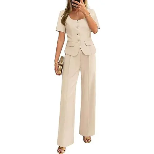 ZESICA Women's Summer Two Pieces Suits Set 2026 Short Sleeve Blazer Wide Leg Pants Business Casual Outfits Sets