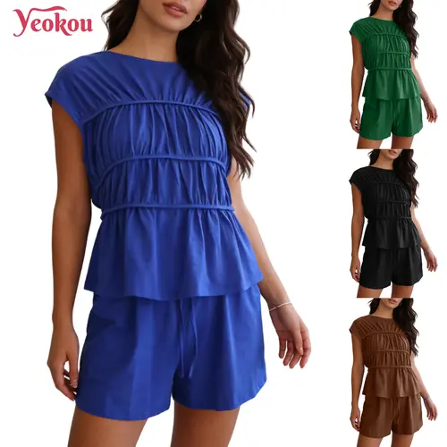Yeokou Women's 2-Piece Fitted Matching Set - Lady's Sleeveless Shirred Tiered Top & Shorts, Breathable Comfort Fabric, for Everyday Casual Outings,sohochic