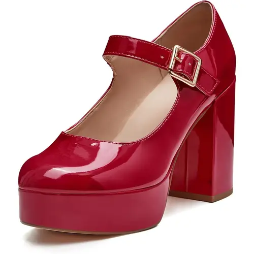 Coutgo Womens' T-Strap Round Toe Chunky Platform Heels Patent Mary Jane Dress Shoes Elegant Footwear