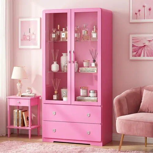 【SohoChic】RoyalCraft Display Cabinet with Acrylic Doors, Modern Storage Cabinet with LED Lights, Bookcase with Drawers & Adjustable Shelves, 3-Tier Curio Cabinet for Living Room, Home Office, DopamineDecor
