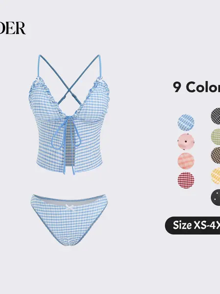 Cider Gingham Tankini Bikini Set – V-Neck Bowknot 2-Piece Swimsuit with Tummy Control， Lettuce Trim Detail for Beach Vacations & Pool Parties