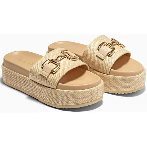 Coutgo Womens Platform Sandals Raffia Espadrilles Metal Chain Slip on Open Toe Cute Beach Slide Sandals Elegance Footwear