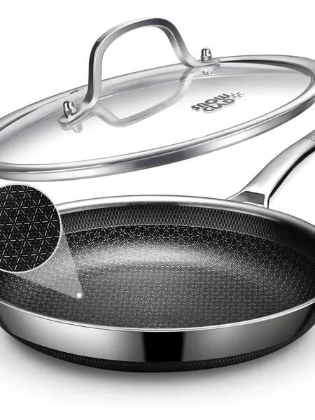 SNOWCLAD 12-Inch Nonstick Frying Pan with Lid - 3-Layer Stainless Steel Multipurpose Kitchen Skillet, Snowflake Hybrid Cookware, Non Toxic, Induction Compatible, Dishwasher Safe, PFOA Free