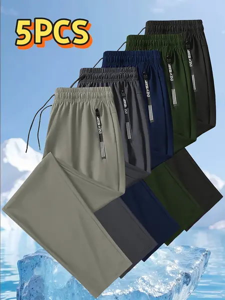 5 pack men’s ice silk jogging pants — lightweight, breathable mid stretch fabric, elastic waistband design, straight leg style with pockets — solid color outdoor casual sports pants, machine washable, comfortable fit, multifunctional style, tailored for f