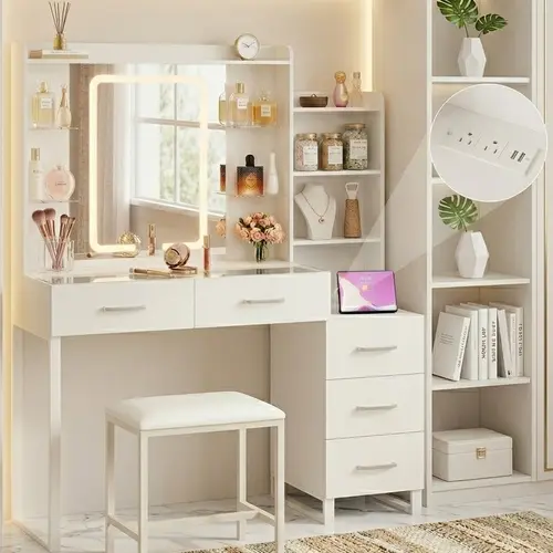 Vanity Desk with Mirror and LED Lights, 57.5" Makeup Vanity with Glass Top, Vanity with RGB Drawers, Power Outlet Safety Switch for Bedroom, White