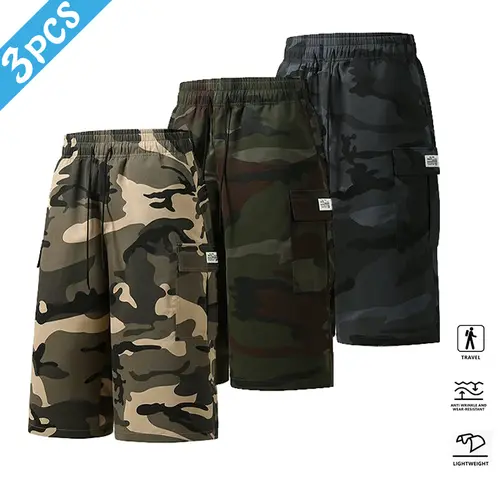 Men’s 3-Pack Camouflage Cargo Shorts — Multi-pocket design, drawstring waist; casual street style, suitable for everyday wear and pairing with urban looks,