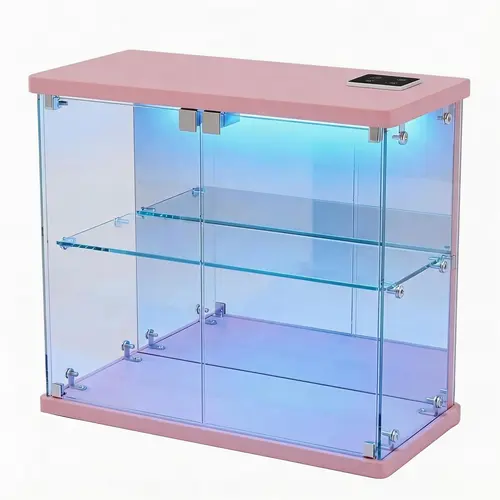 Miu vanity Display Cabinet with Glass Doors,Storage Cabinet with 3 color light,2-Tier Curio Cabinet case for Collectibles,Toys，Books，for Playroom，Bedroom，Study Room,Black,Pink