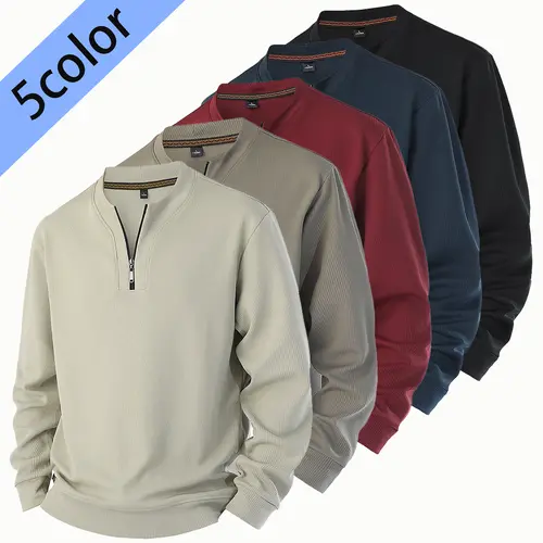 Menswear Half-Zip Mock Neck Pullover Sweatshirt, 2026 Spring New Casual Long-Sleeve Solid Color Tops, Polyester Fabric Base Layer