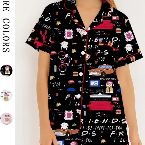 Women's Pajama Set, Retro Pop-Art Print Sleepwear, Short-Sleeve Top & Shorts Two-Piece, Soft Loungewear, Lounge Clothes & PJs for Spring