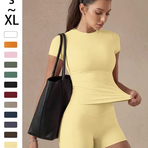 Women's Plain Color Set, Basic Versatile T-Shirt Top, Fashion Multi-Purpose High Waist Sporty Shorts, Yoga Fitness, Date Night Wear, Stretchy Sports Outfit