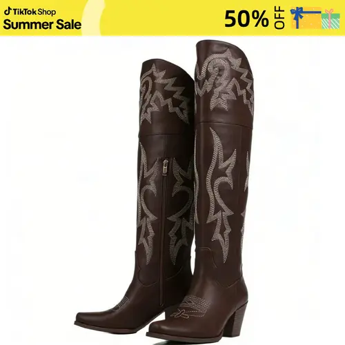 AOSPHIRAYLIAN Women's Knee-High Western Cowgirl Boots - Vintage Embroidered Faux Leather Footwear, Square Toe, Block Heel Platform, Waterproof, Breathable, Casual Statement Shoes for Country Concert, Western Elegance, Cowboy Aesthetic,sohochic