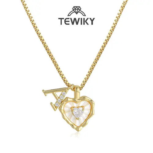 Tewiky Gold Box Chain Scalloped Shell Heart CZ Initial Necklace A–Z Micro Pave Letter Pendant For Valentine's Day gifts Dainty Gold Letter Elegant Necklace Back To School