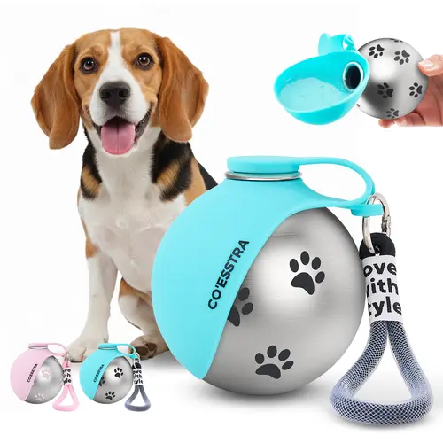 Stainless Steel Pet Water Bottle with Drinking Basin - 285ml Compact, Leak-Proof Seal, Messfree Sips, 1-Hand Grip Trail-Ready Travel Bottle for Dogs, Ideal for Walks, Road Trips