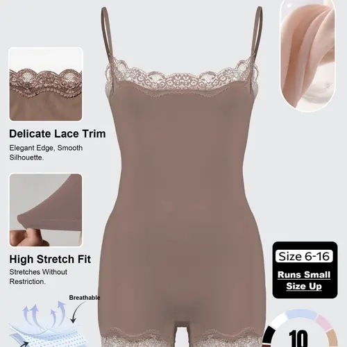 Women's Workout Solid Color Thin Spaghetti Strap Lace Trim Stretch Playsuit, Lightweight Slightly Sheer Adjustable Strap Quick-Drying Breathable Flattering Bodysuit, Flexible Seamless Sweat-Wicking Outdoor Clothing #TikTokMadeMeBuyIt #SummerEssentials