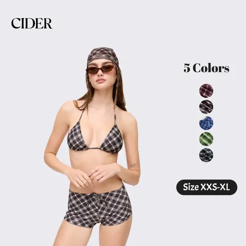 Cider 4-Piece Set Halter Neckline Check Knotted Triangle Tie Side Bikini Set With Cover Up Shorts & Headscarf Chic Swimsuit Set Fashion Beachwear Swimwear