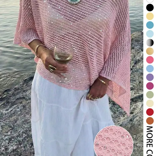 Elegant Chic Women's Spring Summer Fashion Casual Knit Lace Top, Sequin Solid Semi-Transparent Loose-Fitting Pullover Knitwear, Sleeveless Cape