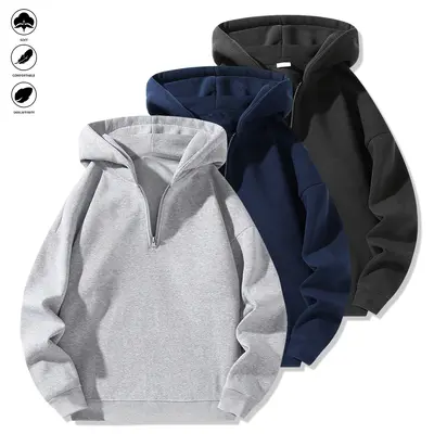 Men's Fitted Half-Zip Hoodie - Streetwear Clothing, Basic Zip-Up Tops, Long-Sleeve Sweatshirt for Everyday Casual Wear & Outdoors Activities, Basic Tops, Zip Up Hoodie