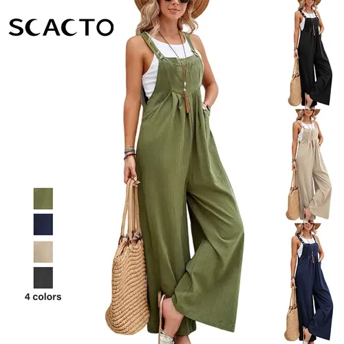 Scacto Women's Casual Plain Jumpsuit - Comfortable Sleeveless Overalls with Loose-Fit Wide Legs, Adjustable Straps to Personalize the Fit, Pockets, Multi-Size Womenswear, Pants, Piece