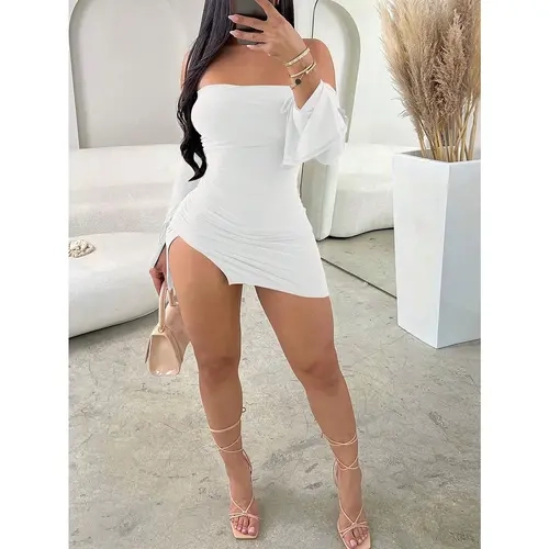 Women's Elegant Seamless Sleeveless Tube Top Mini Dress - Soft, Fitted, Zipper-Accented, Slit Design, Formal Dresses, Birthday Outfits, Night Out Clothes, Club Outfits, Women's Clothes for Carnival Night, Romantic Party