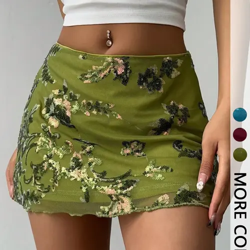 Women's Sexy Short Skirt with Sequin Floral Pattern and Mesh Design, Boho Skirts, Bohemian Skirt, Summer Fashion Vacation Style, Slim-Fitting, Short Length, Boho Beach Skirt, Beach Party Skirt, Womenswear
