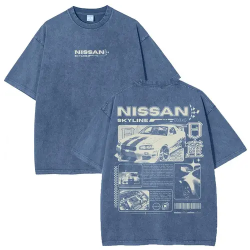 Vintage JDM Sports Car Graphic Washed Denim T-Shirt Skyline Men's Graphic Tees Streetwear Outfits Men Vacation Outfits Oversized Tshirt Men,back to school,back to school shopping,sohochic
