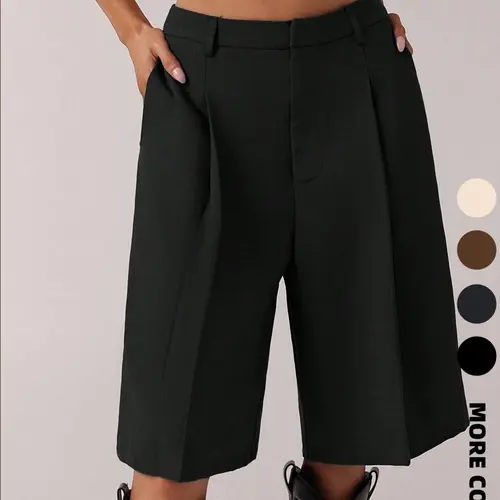 Women's Solid Color Simple Commuter High Waist Bermuda Shorts, All Seasons Business Casual Shorts, Stylish and Comfortable