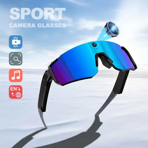 Smart Sports Glasses with 8MP Camera, 2K Photo/1200P Video Recording Wearable Glasses, IP54 Waterproof Multifunctional Wireless Audio Bluetooth Glasses with Headphone, Outdoor Sports Polarized Sunglasses with AI Voice Assistant, UV Protection Eyeglass, Hi