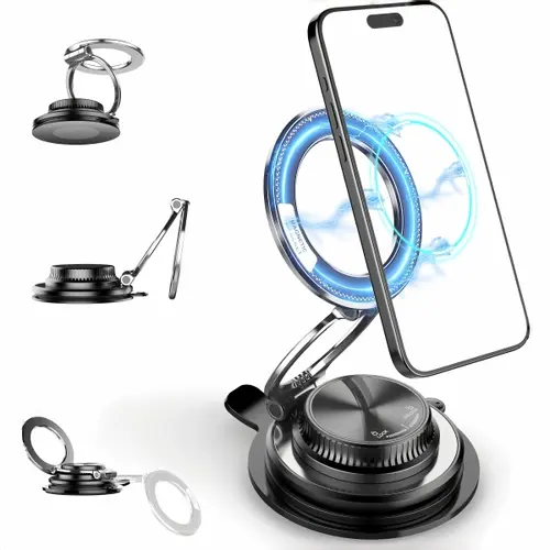 GUCCQUEEN Multifunctional Car Accessories 360° Adjustable Magnetic Phone Mount for Car - Suction Cup Base Cellphone Holder Compatible with iPhone 17 Pro Max,16,15,14,13,12 Series & All Smartphones, Black,toolupgrade