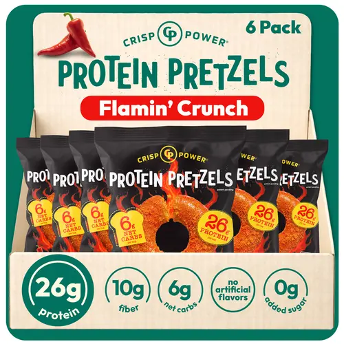 Crisp Power Protein Pretzels, Flamin’ Crunch Flavor , High Protein Snack, 26G Protein, 6g Carb Crunchy Pretzel Snacks, No Added Sugar, 1.75 oz Bags, 6 Pack, Keto, 10g Fiber