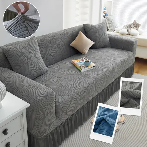 Raybee Stretch Velvet Sofa Slipcover with Skirt, 1 Piece Machine Washable Elastic Couch Bench Cover, Dustproof Pet Friendly Durable Stretchable Sofa Protection Ideas , Sofa Skirt Easy Fit Universal Furniture Protector, Living Room Home Decor