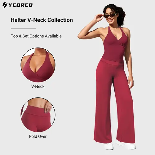 YEOREO Top & 2 Piece Workout Sets for Women, 2 Piece Gym Outfit | Halter Backless Padded Longline Sports Bra & Flare Leg Yoga Pants, 2 Piece Sets, Womens Only Gym Clothing, Women 2 Piece Sets tiktokshopbacktoschool
