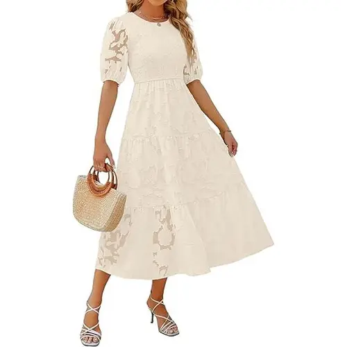 ZESICA Women's 2026 Summer Short Puff Sleeve Crewneck Smocked Floral Lace Flowy A Line Tiered Maxi Dresses