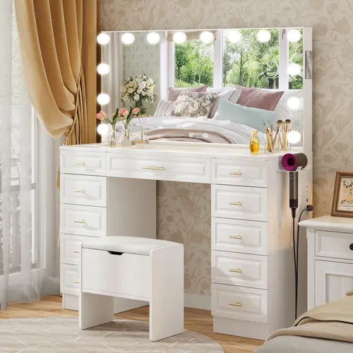 【Ship in 2 Boxes】VOWNER Bluetooth Speaker Vanity with Glass Top, LED Drawer Lighting & Removable Magnifying Mirror, 11 Drawers, Built-In Outlet, 3 Lighting Modes with Remote Dimming,Bedroom, White