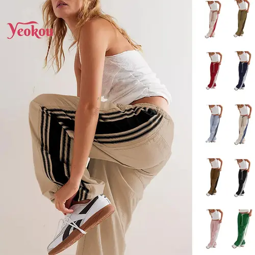 Yeokou Women's High-Rise Wide Leg Striped Athleisure Track Pants - Workout Athletic Bottoms with Pockets, Adjustable Drawstring, Casual Chic Baggy Fit, Machine Washable, Korean Style, Do Not Dry Clean,sohochic