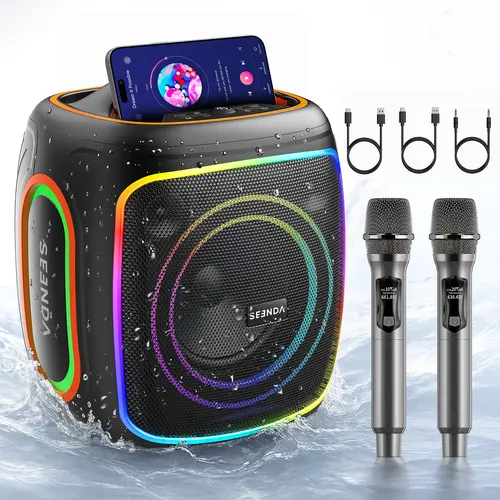 SEENDA Multifunctional Battery-Powered Portable Speaker - IPX5 Waterproof Bluetooth PA System with 2 Wireless Microphones, RGB Colorful LED Lights, Stereo Audio, Karaoke Support, Mobile Cable, Metal Handle, Charging Plug, Radio for Indoor/Outdoor Use,summ