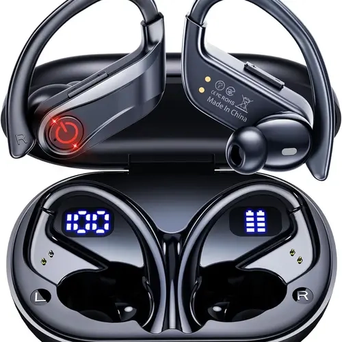 INSONIXN TWS Cordless Bluetooth In-Ear Headphones - Plastic Portable Audio Device with USB-C Charging Case, Digital Noise Cancelling, Ear Hooks, IPX7 Water Resistance, LED Display, Button Control, Deep Bass Stereo for Sports, Commuting