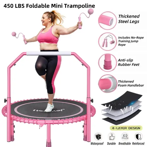 JoySpot 450 LBS Foldable Trampoline, 40" Indoor Fitness Rebounder with U-Shape Adjustable Foam Handle, Quiet Bungee Jump System & Cordless Jump Ropes, Indoor&Outdoor fitness, Yoga, for Adults tiktokshopbacktoschool, Mini Trampoline, Adjustable Grip Bar,so