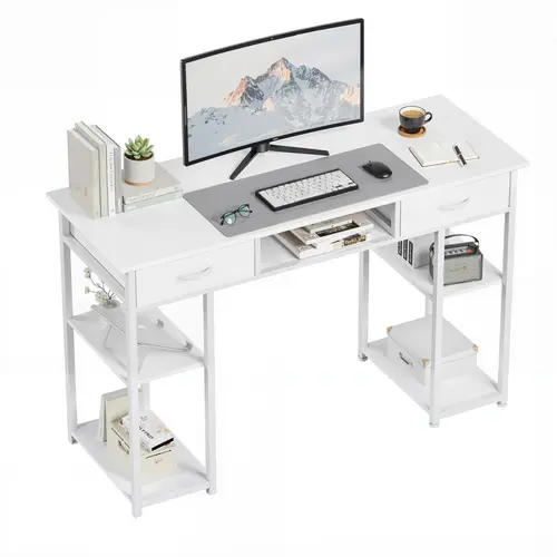 Sweetcrispy 32-Inch Modern White Desk with Fabric Drawers & Storage, Student Learning Desk for Small Spaces (Bedroom Vanity, Home Office Workstation), Vanity Desk