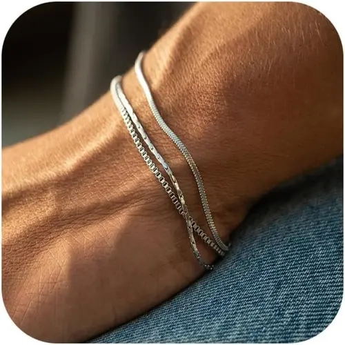Men's 3-Piece Stackable Bracelet Set - Non-Tarnish Stainless Steel Cuban Link, Snake & Box Chains with Cross Charm, Adjustable Silver Jewelry, Gifts for Boyfriend, Men's Jewelry, Accessories Adults,sohochic